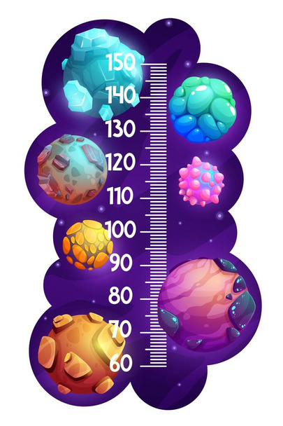Kids height chart with cartoon fantastic alien space planets, vector growth measure ruler. Child height scale measure meter with galactic meteors and fantasy space asteroids in starry galaxy - Vector, Image