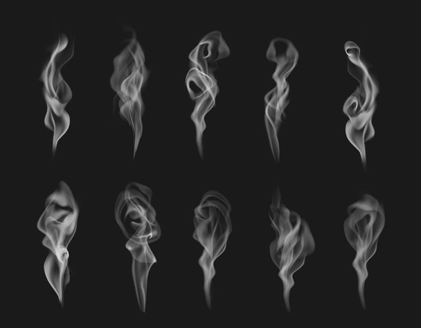 Fumaça de cigarro ou vapor efeito vetorial realista de névoa branca, névoa, nevoeiro ou fumaça de vapor de maconha no fundo preto. Nuvens transparentes 3d, fluxos de ondas e fluxos suaves de fumaça de cigarro ou narguilé - Vetor, Imagem