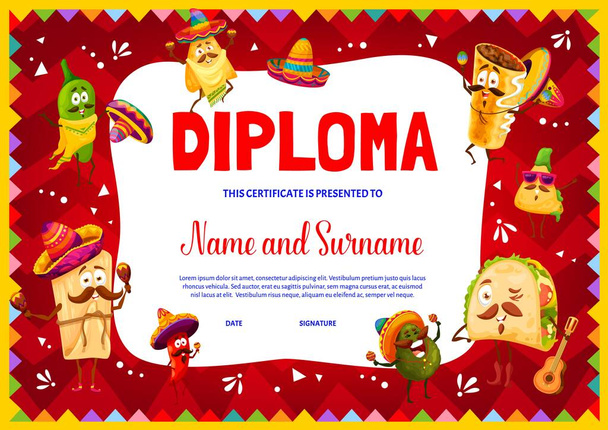 Kids diploma with cartoon mexican jalapeno and avocado, nachos and tacos, tamales and enchiladas characters. Children certificate, school graduation diploma or child award document vector template - Vector, Image