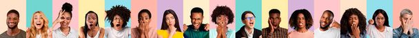 Πολυφυλετικοί άνθρωποι ποζάρουν σε πολύχρωμα υπόβαθρα, σύνολο συναισθηματικών φωτογραφιών - Φωτογραφία, εικόνα