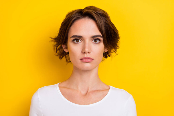 Photo of young charming lady confident intelligent representative calm isolated over yellow color background - Fotoğraf, Görsel