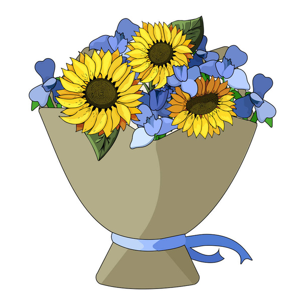 Vector illustration bouquet in craft paper of blue irises and yellow sunflowers with a stroke for a postcard - Vector, afbeelding