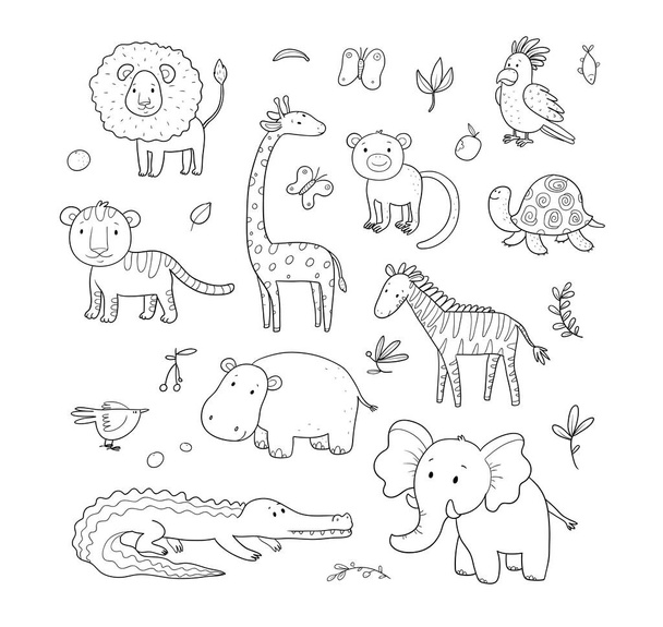 African animals. Cute cartoon lion and tiger, elephant and zebra, monkey and parrot. Fun zoo. - Vector, imagen