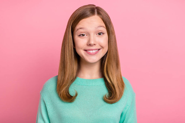 Photo of young lovely girl smart confident wear casual clothes good mood isolated over pink color background - Φωτογραφία, εικόνα