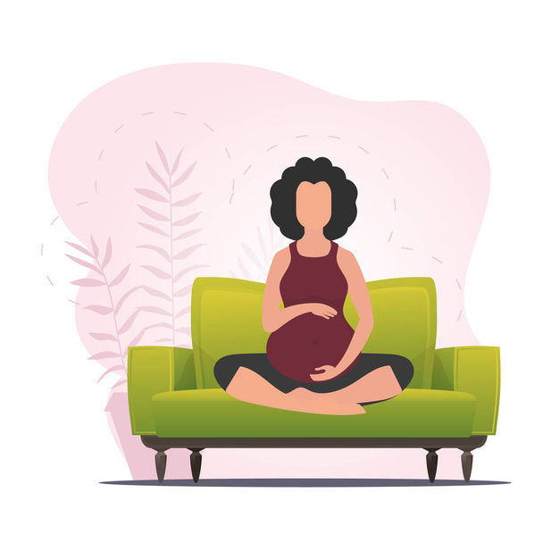 Donna incinta nella posizione del loto. Donna incinta che pratica yoga. Illustrazione piatta vettoriale. - Vettoriali, immagini