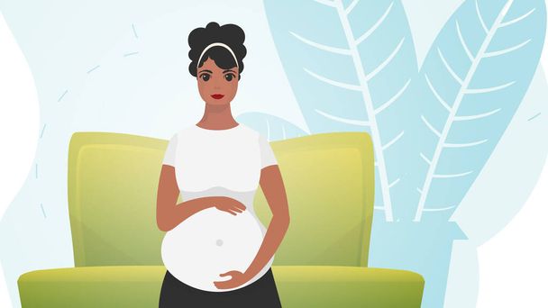 Una donna incinta ha lo stomaco in mano. Una giovane madre sta aspettando un neonato. Illustrazione vettoriale. - Vettoriali, immagini