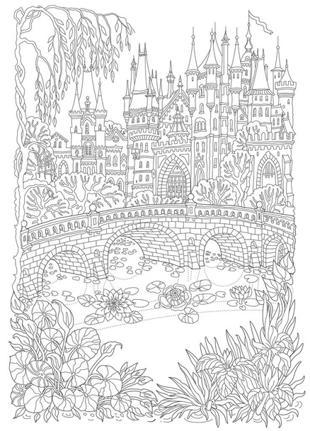 Paesaggio fantastico. Fiaba castello medievale, ponte in pietra, lago, pianta acquatica, fiore di loto e iris. Disegno da colorare per adulti e bambini. Schizzo di scarabocchio in bianco e nero - Vettoriali, immagini