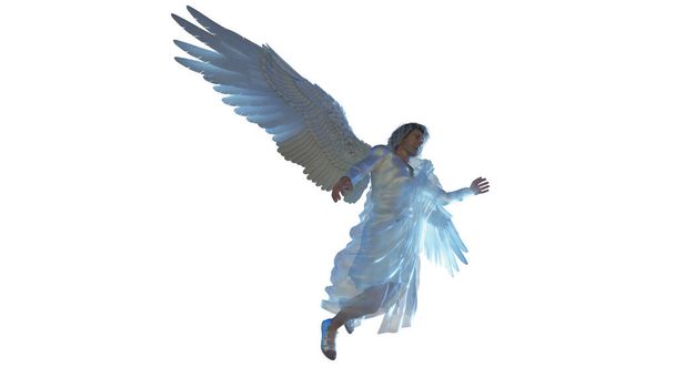 Βιβλικός άγγελος με μεγάλα άσπρα φτερά που φέρουν καθιστούν 3d - Φωτογραφία, εικόνα