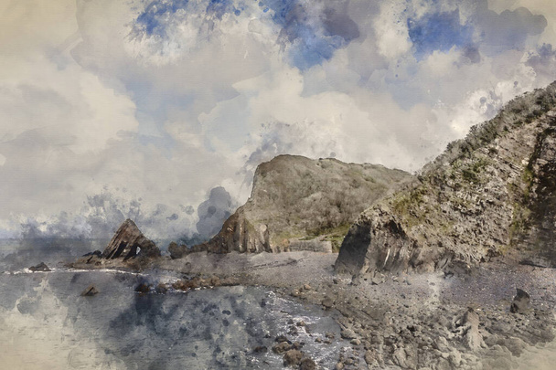 Digital watercolour painting of Stunning aerial drone flying landscape image of Blackchurch Rock on Devonian Geological formation in England - Φωτογραφία, εικόνα