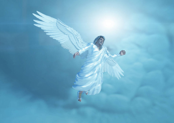 大きな白い翼を持つ聖書の天使が3Dレンダリングを飛んで - 写真・画像