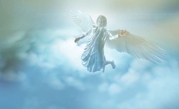 библейский ангел с большими белыми крыльями полета рендеринг 3d - Фото, изображение