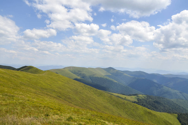 Schöne Berglandschaft zwischen Berghügeln und Wiesen bedeckt mit grünem, saftigen Gras. Borzhava-Gebirge, Karpaten, Ukraine - Foto, Bild