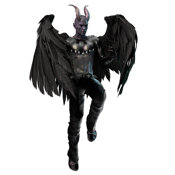 3D-kuvitus, 3D-mallinnus, sarvipäinen langennut enkeli demoni siivet - Valokuva, kuva