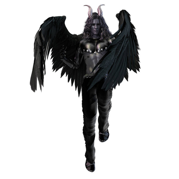 Ilustración 3D, representación 3D, demonio ángel caído con cuernos con alas - Foto, Imagen