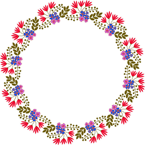 Круглый цветок с милыми цветами и листьями. Иллюстрация к поздравительным открыткам, плакатам, приглашениям, рисункам, детской вечеринке, свадьбе - Фото, изображение
