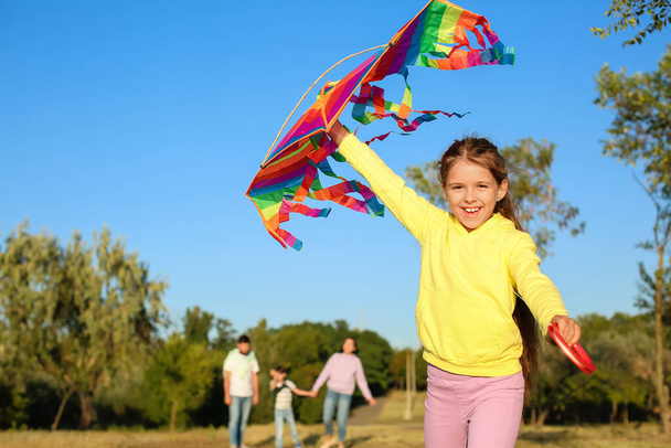 Счастливая маленькая девочка с воздушным змеем в парке - Фото, изображение