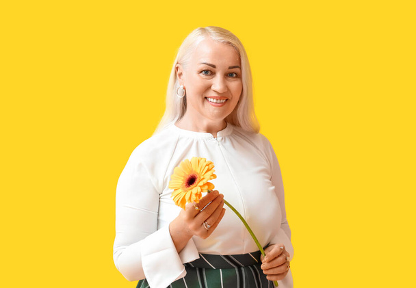 Sorridente donna matura che tiene fiore gerbera su sfondo giallo. Festa internazionale della donna - Foto, immagini