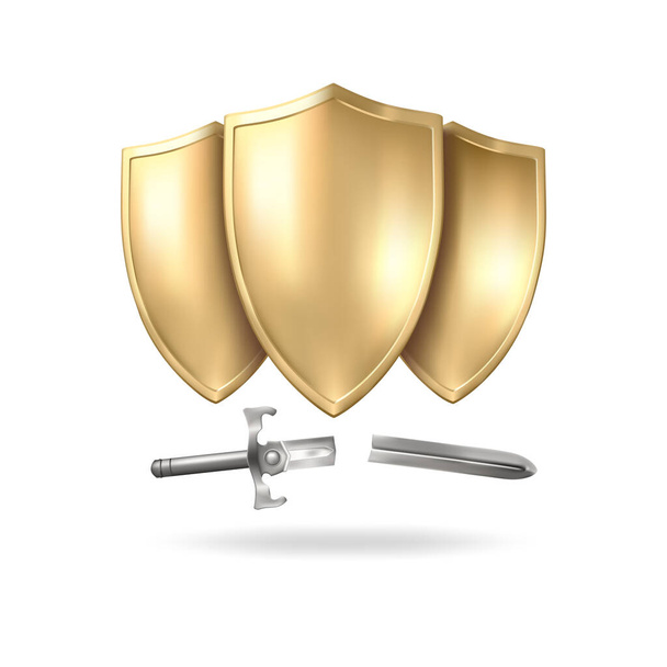 Golden shields and a broken sword. The power of unity against evil. Vector 3D graphics - Vector, Image