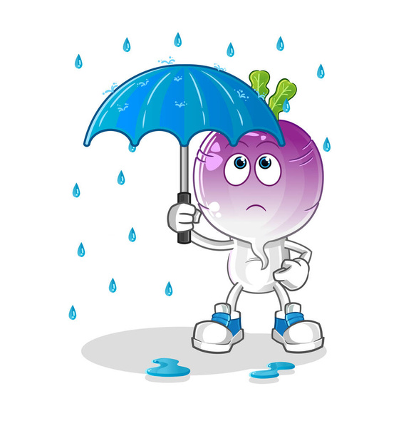 turnip head cartoon holding an umbrella illustration. character vector - Vector, Image