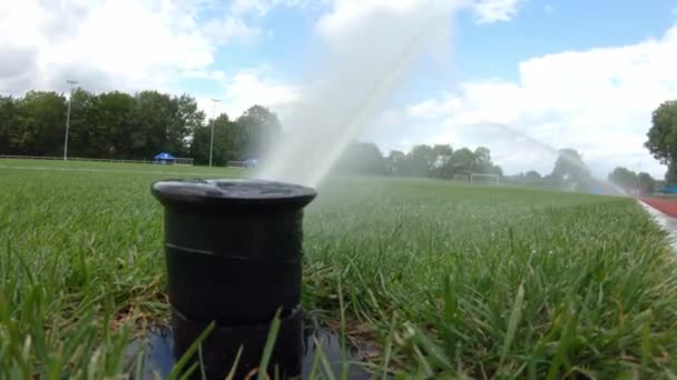 nawadnianie za pomocą strumieni ciśnieniowych z wodą na stadionie piłkarskim - Materiał filmowy, wideo