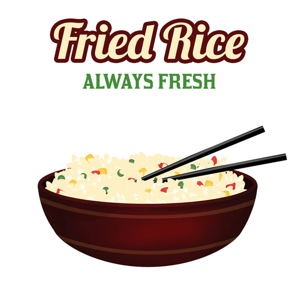 Bowl of fried rice with chopsticks on white background, vector illustration - Vector, Image