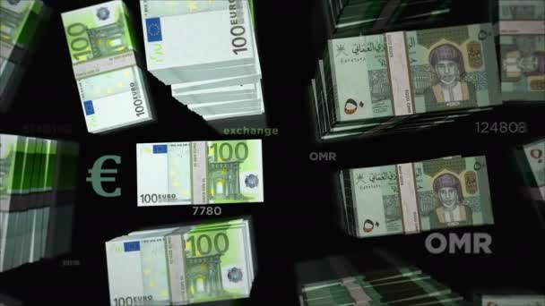 Euro en Oman Rial geld wisselen. Papieren bankbiljetten pakken bundel. Begrip handel, economie, mededinging, crisis, bankieren en financiën. Opmerkingen loopable naadloze 3d animatie. - Video