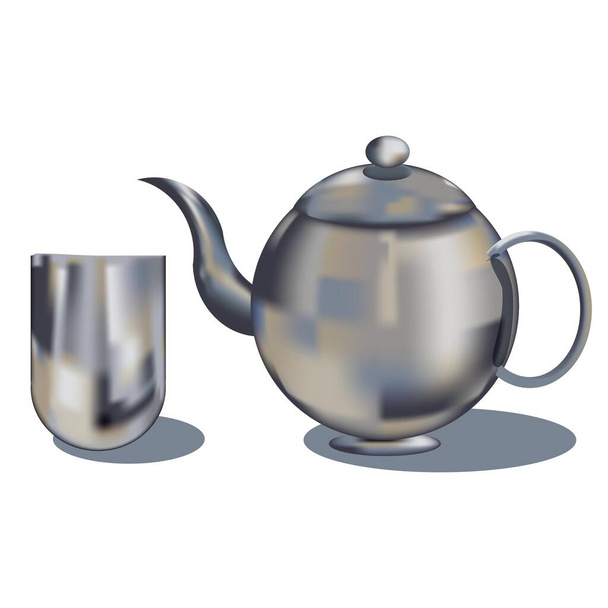 Silver Teapot and Drinking Cup Vector Illustration - Vector, Image