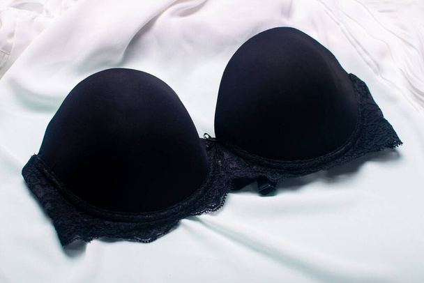 Beautiful black sports top bra. Black lace lingerie. - Zdjęcie, obraz