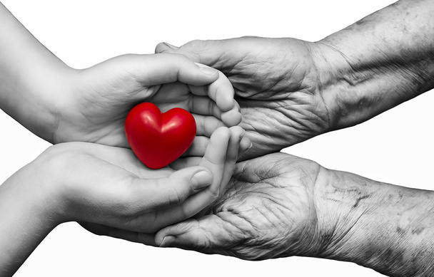 Pieni tyttö ja iäkäs nainen pitää punaista sydäntä kämmenissään t
 - Valokuva, kuva