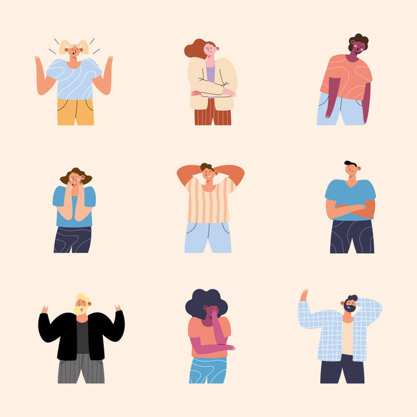 nueve personas gestos personajes - Vector, imagen