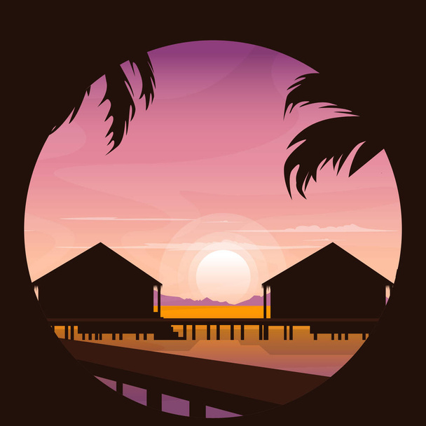 Sunrise Maldives Sea Island Resort Hut Holiday Vacation Travel Circle View - Vector, Image
