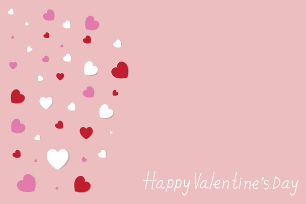 Šťastný Valentýn s rukopisem, mnoho krásného tvaru srdce na růžovém pozadí. Vektorová ilustrace. - Vektor, obrázek