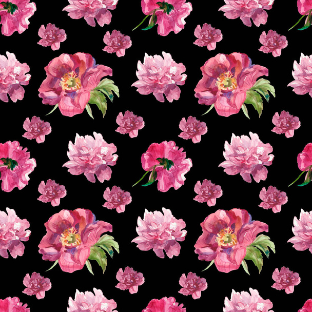 Acquerello modello senza soluzione di continuità con peonie rosa su sfondo nero. Stampa di primavera, botanica, floreale dipinta a mano. Disegni per scrapbooking, imballaggio, carta da imballaggio, social media, tessile, tessuto. - Foto, immagini