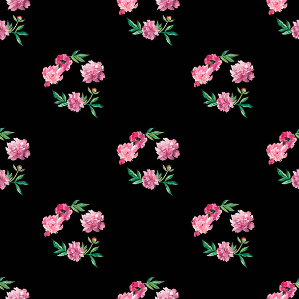 Watercolor seamless pattern with pink peonies on black background. Spring, botanical, floral hand painted print.Designs for scrapbooking, packaging, wrapping paper, social media, textiles, fabric. - Foto, Imagen