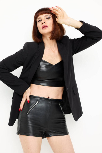 photo pretty woman attractive glance posing black jacket fashion Lifestyle unaltered - Zdjęcie, obraz