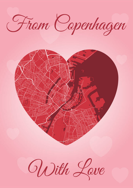 Uit Kopenhagen met liefdeskaart, stadsplattegrond in hartvorm. Verticale A4 Roze en rode kleur vector illustratie. Liefde stad reizen stadsgezicht. - Vector, afbeelding