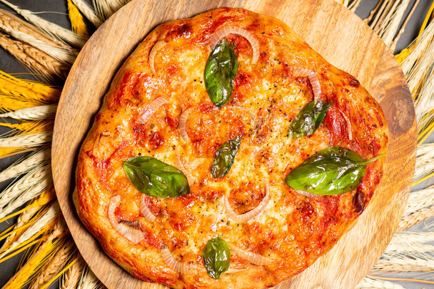 Hausgemachte Pizza mit Poolish. Zum Topping gehören Tomatensauce, Mozzarella, Kräutermischungen, frisches Basilikum und Olivenöl. - Foto, Bild