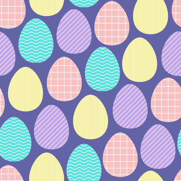 Seamless vector Happy Easter pattern. Painted color Eggs with neutral geometric ornaments on very peri background. Festive spring stripes, lines, grid illustration. Cute Easter purple illustration - Vektor, Bild