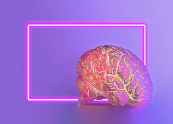 Creative vaporwave abstract scene with colorful glowing human brain and pink neon lights on isolated purple background. Minimal aesthetic surreal concept. Invention, innovation or brainstorming idea. - Photo, Image