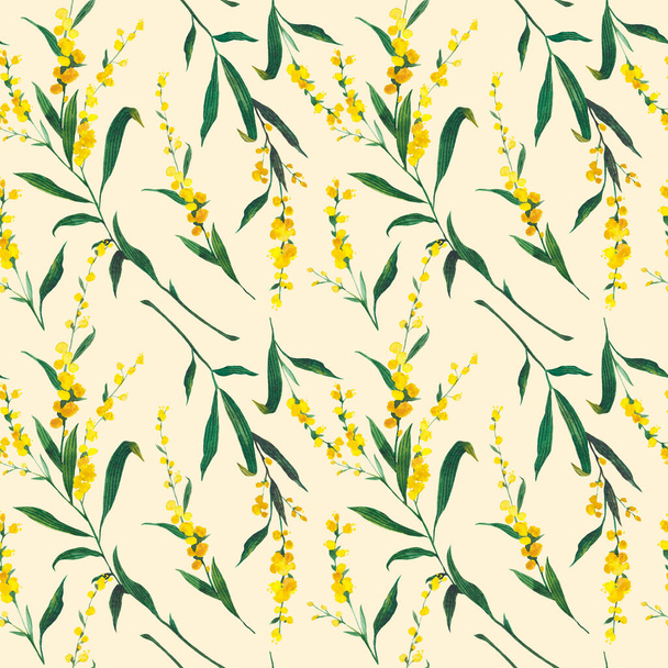 Seamless watercolor floral pattern of yellow mimosa.  Concept for invitation, greeting card or wallpaper. - 写真・画像
