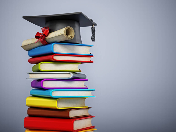 Mortarboard and certificate standing on stack of colorful books. 3D illustration. - Foto, immagini