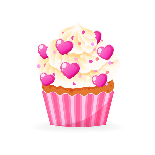 Cute Valentine's day cupcake icon. Cartoon illustration of sweet muffin decorated with a cream and hearts. Vector 10 EPS. - Vector, imagen