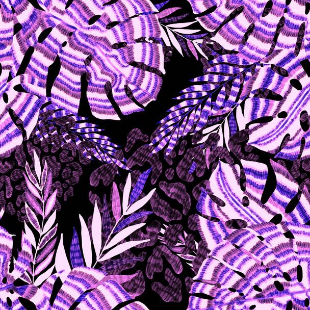 Nowoczesny abstrakcyjny wzór z kreatywnymi kolorowymi liśćmi tropikalnymi i plamami lamparta. Retro jasne tło lato. Ilustracja liści dżungli. Projekt botaniczny strojów kąpielowych. Vintage egzotyczny druk. - Zdjęcie, obraz