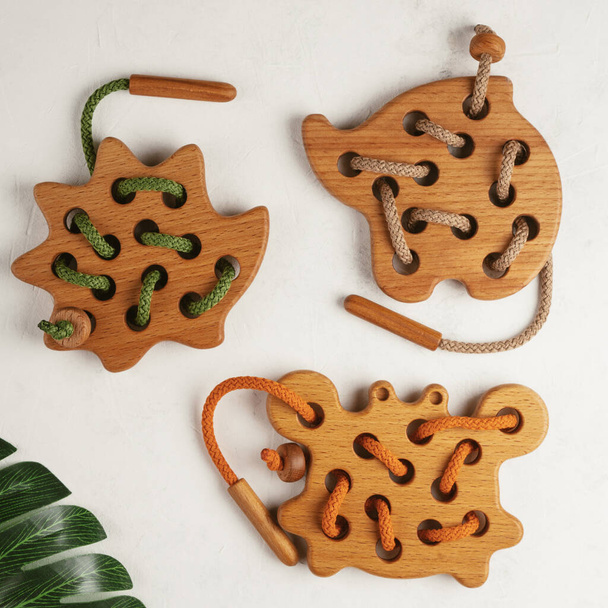 Brinquedos de madeira naturais de diferentes formas com furos para educar atadura com fios verdes, bege e laranja com planta. - Foto, Imagem