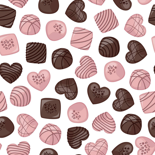 Vector seamless pattern. Pink and black chocolate candies isolated on white background. - Vektor, Bild
