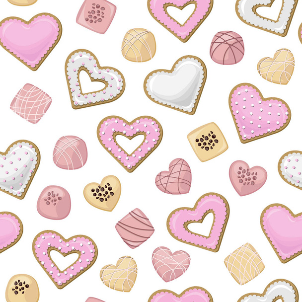 Cute vector seamless pattern. Pink and white chocolate candies and cookies in the shape of hearts in glaze. - Vector, afbeelding