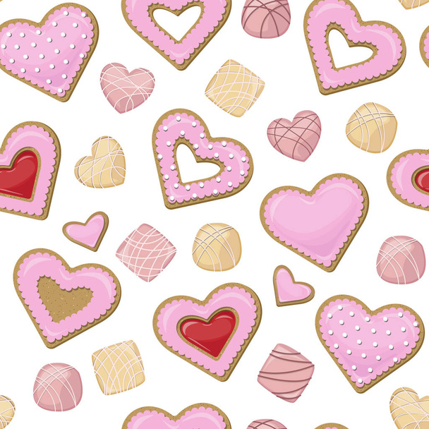 Romantic vector seamless pattern. Pink and white chocolate candies and cookies in the shape of hearts in glaze and with red jam. - Vektor, Bild