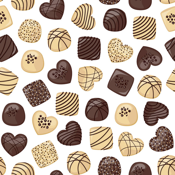 Elegant vector seamless pattern. White and black chocolate sweets decorated with confectionery cream and coconut flakes. - Vector, Image