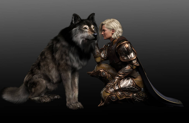 Fantasy-Kriegerin in Rüstung mit dem bösen Wolf - Foto, Bild