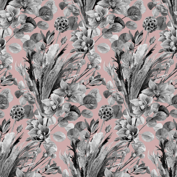Современная смесь сушеных цветов силуэты гербария и сушеные тропические пальмовые листья в стиле бохо - Фото, изображение